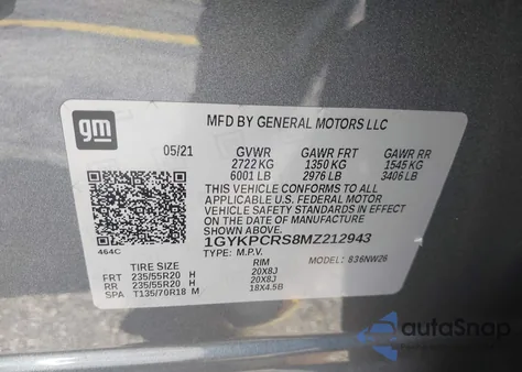 2021 Cadillac Xt6 Fwd Premium Luxury из США, поврежденный, VIN 1GYKPCRS8MZ212943